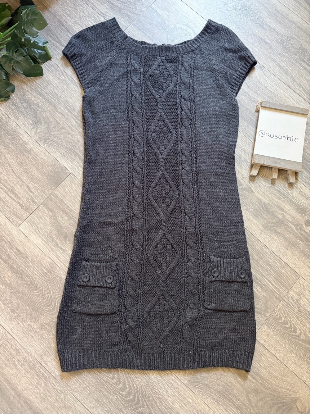 Vintage Y2k Glimmer by JJ Basics Grey Cable Knit Short Sleeve Sweater Dress L